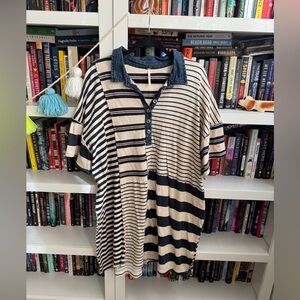 Free People tan oversized stripe denim collar polo preppy tunic T-shirt dress